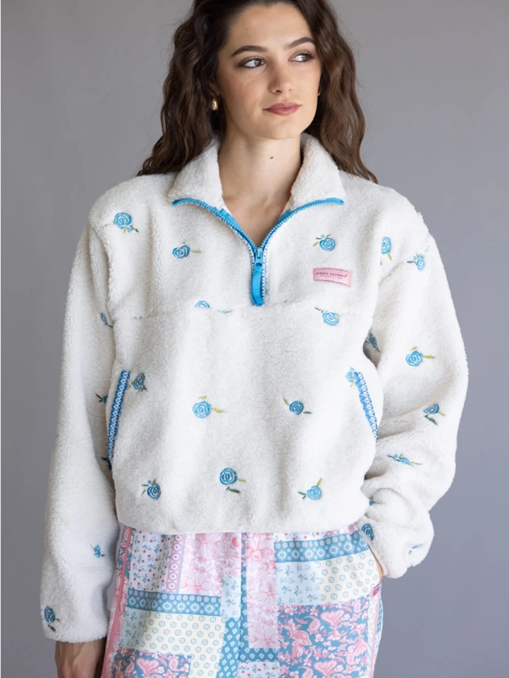 Cozy White Sherpa Pullover Jacket with Blue Rose Embroidery- NEW youth medium